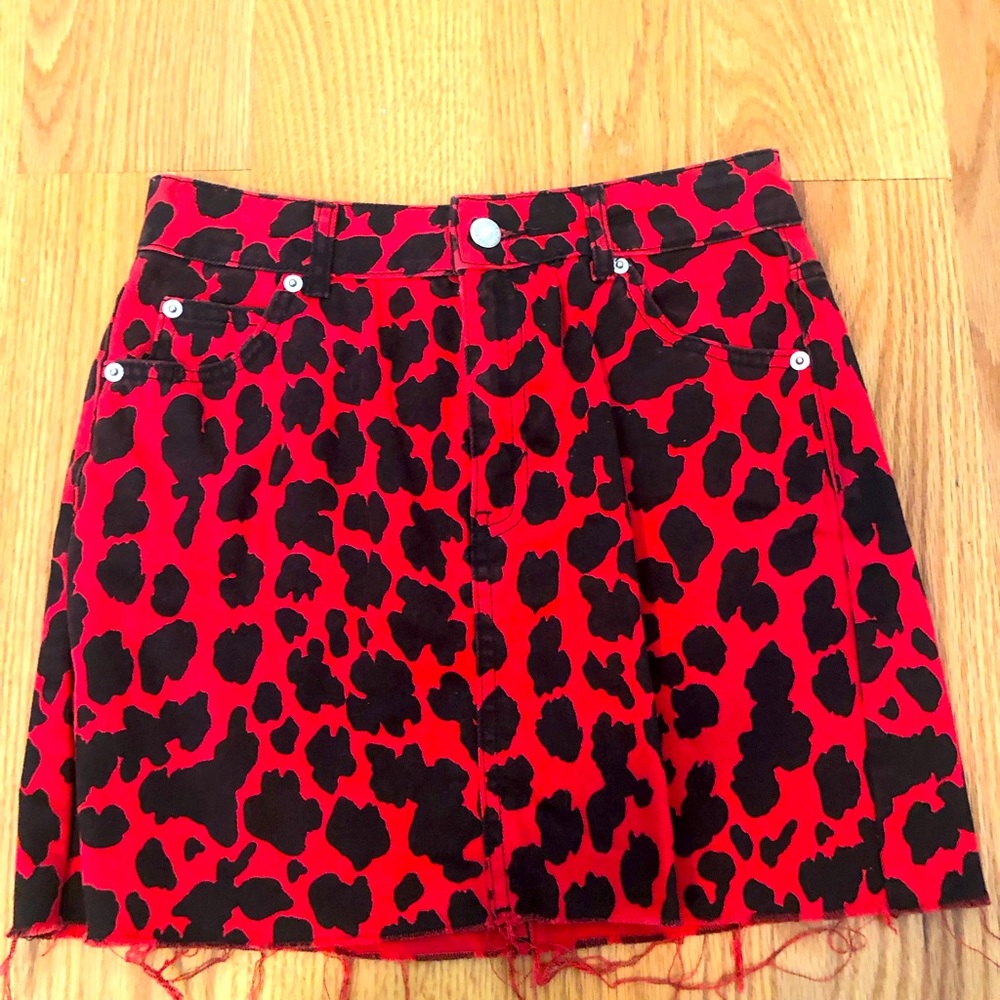 Topshop Moto red and black cow print denim skirt US 4